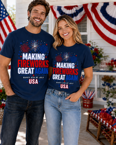 Man and woman wearing matching t-shirts with 4th of July theme in front of a decorated house.